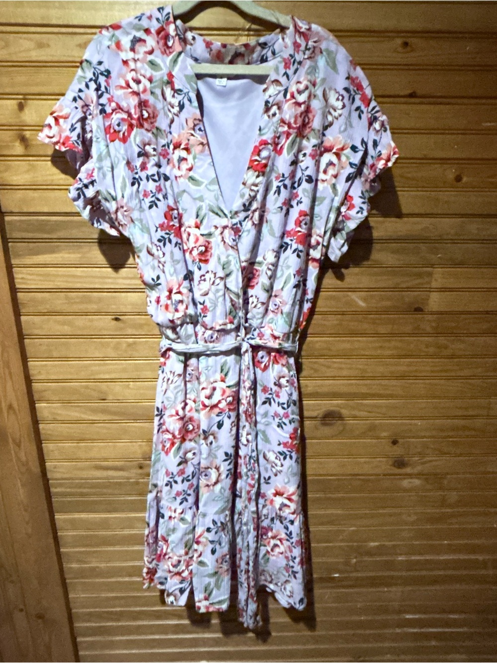 Takara White Floral Wrap Midi Dress with Pink & Red Blooms
